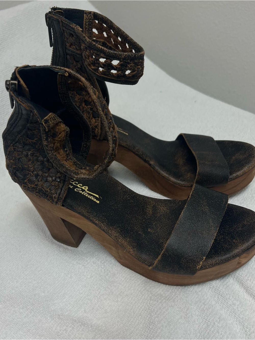 Women's Wooden Platform Wedge Sandals with Zipper Ankle Strap Sz 8